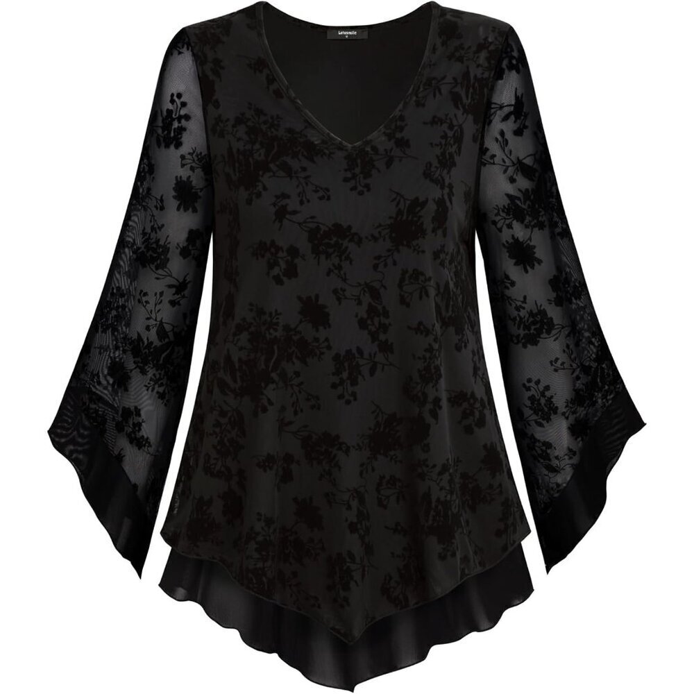 Womens Blouse Double Layers Mesh Floral Ruffle 3/4 Sleeve Tunic Top - Picture 3 of 5